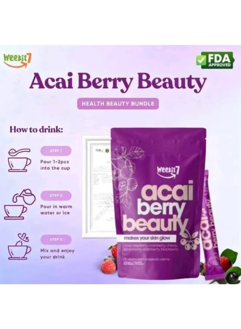 الأسبوع السابع عبوتان من بودرة الجمال من الآساي والتوت البري - بشرة مشرقة، مضادة للشيخوخة، غذاء خارق للتخلص من السموم للنساء - دعم طبيعي للتوهج، 35 جم *2 - Image 4